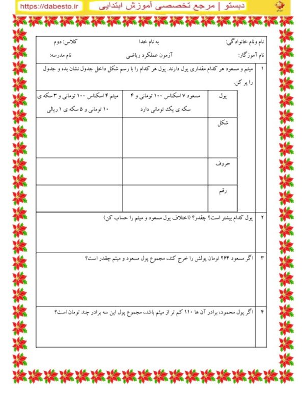 آزمون عملکرد ریاضی دوم ابتدایی