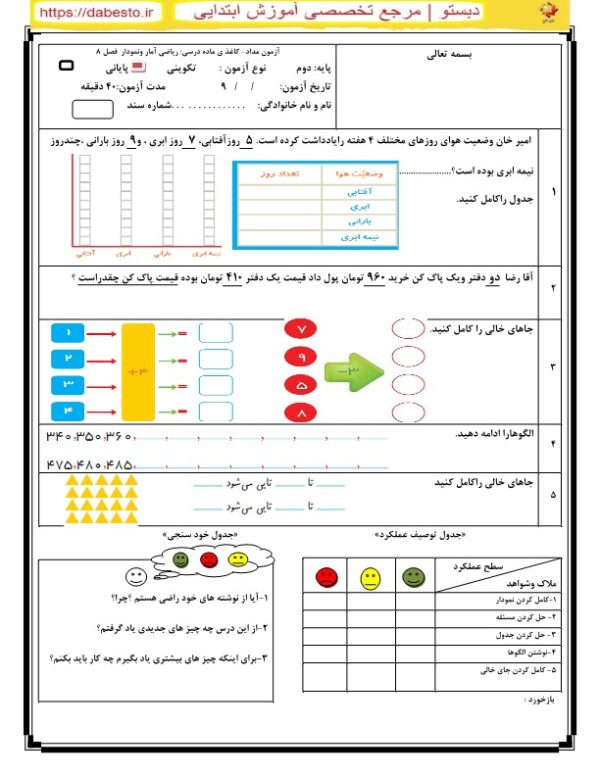 آزمون مداد کاغذ ی ریاضی دوم ابتدایی آمار ونمودار فصل 8