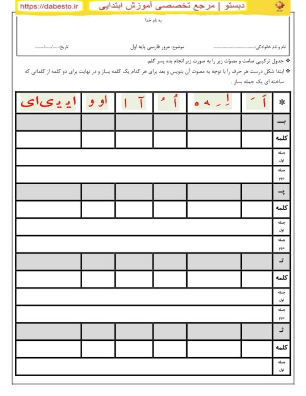 جدول ترکیب صامت و مصوت مرور فارسی پایه اول ابتدایی